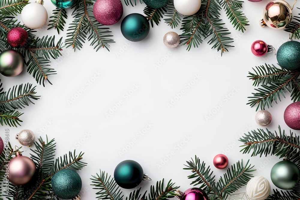 Festive Christmas frame, blank center, decorated with baubles and pine branches, perfect for holiday cards Festive Christmas frame, blank center, decorated with baubles and pine branches, perfect for holiday cards