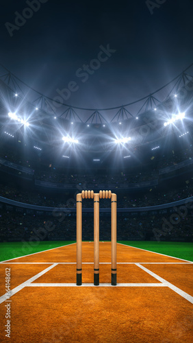 Modern sport stadium at night and cricket field with wooden wicket ready for the match. Sports background as 3D illustration in vertical format for social media advertising. © LeArchitecto