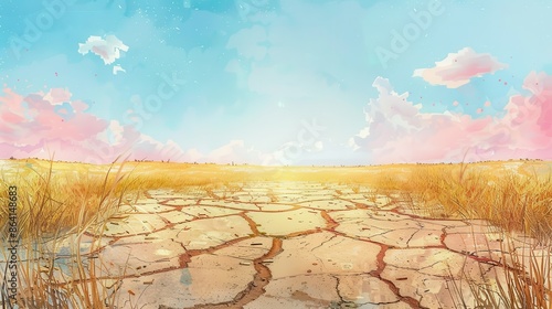 Colorful watercolor painting of a dry, cracked earth landscape with a clear blue sky and pink clouds, depicting drought and barren land. photo