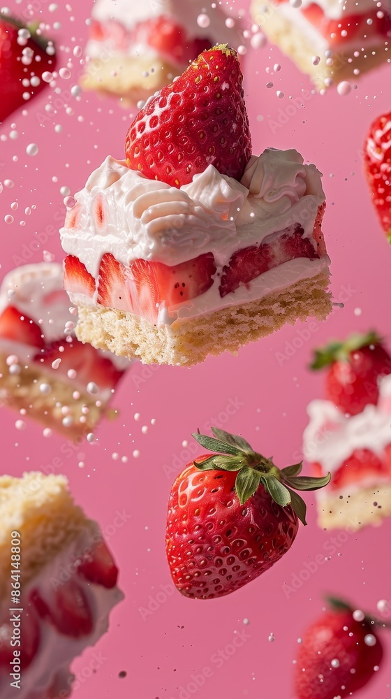 Floating strawberry cake slices with cream and strawberries on a pink background. Floating strawberry cake slices with cream and strawberries on a pink background.
