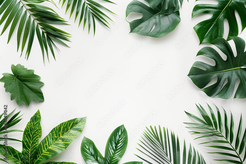 Tropical leaves border, blank center, bright and fresh summer look Tropical leaves border, blank center, bright and fresh summer look
