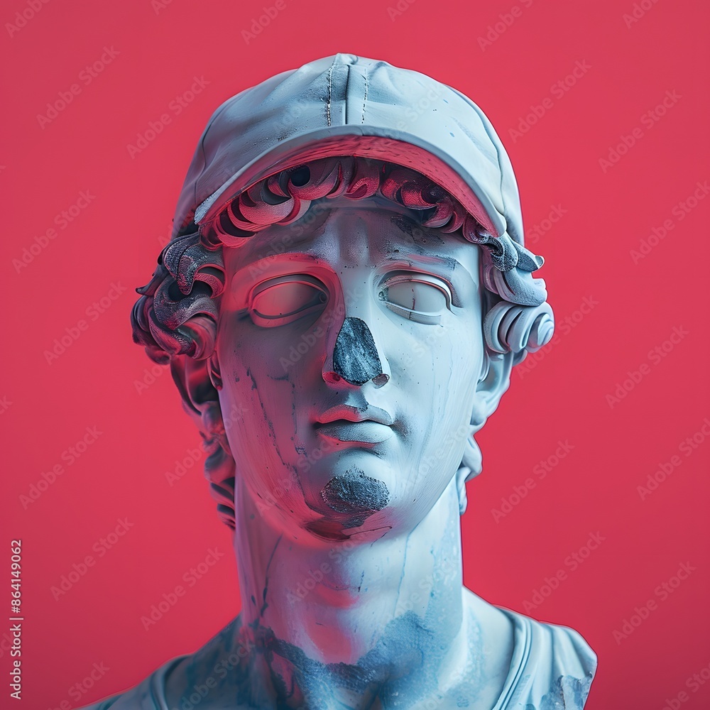 Classical Marble Bust with Modern Twist Against Vibrant Pink Background Classical Marble Bust with Modern Twist Against Vibrant Pink Background