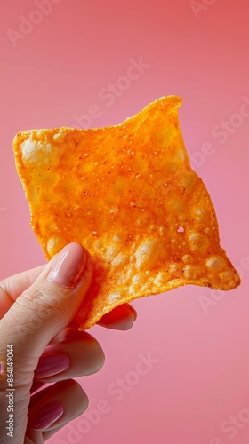 Hand holding a single orange nacho cheese Dorito chip against a pink background. photo