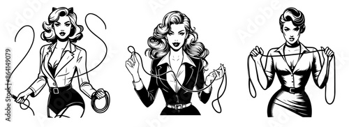 vintage pin-up girls with whips and leashes artwork set