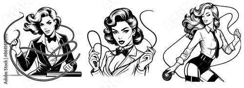 black and white pin-up girls with whips and lassos collection