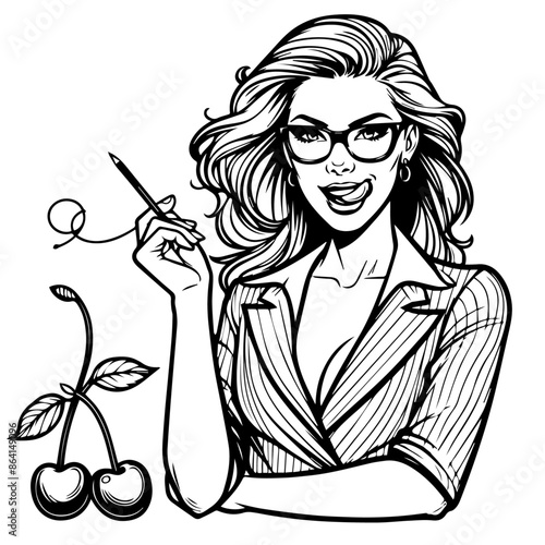 stylish pin-up girl with cherries black and white vector