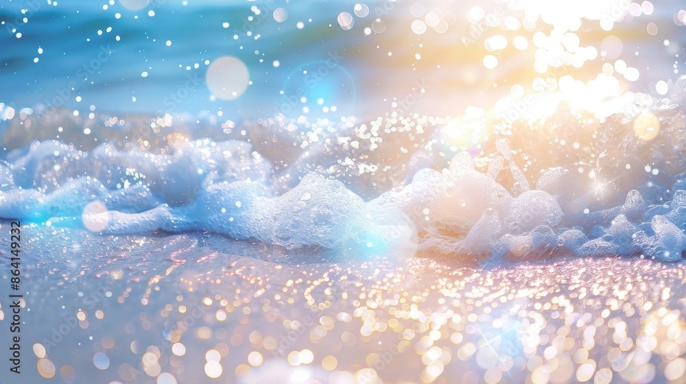 Under a light blue sky, a tranquil sandy shore with gentle bokeh lights, Under a light blue sky, a tranquil sandy shore with gentle bokeh lights,