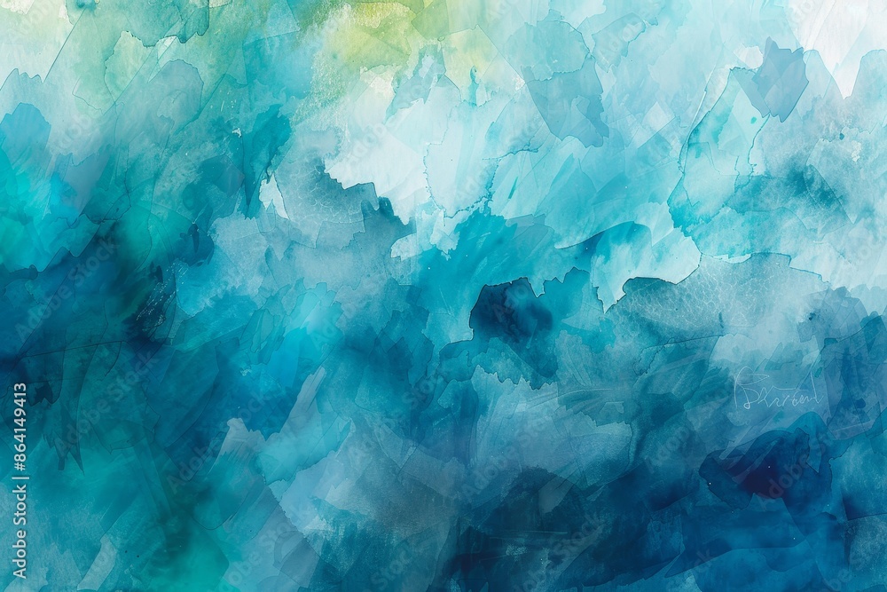 A harmonious blend of teal, blue, and green watercolors evoke the ocean in a fluid abstract composition. A harmonious blend of teal, blue, and green watercolors evoke the ocean in a fluid abstract composition.