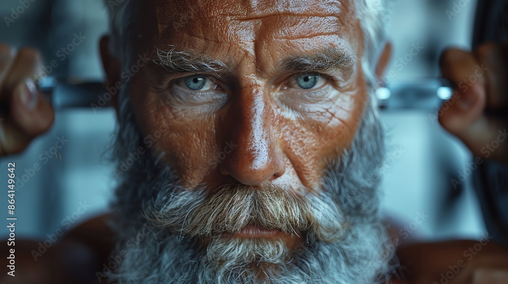 Determined elderly man with a beard lifting weights, displaying his strength and focus in a close-up shot. Determined elderly man with a beard lifting weights, displaying his strength and focus in a close-up shot.
