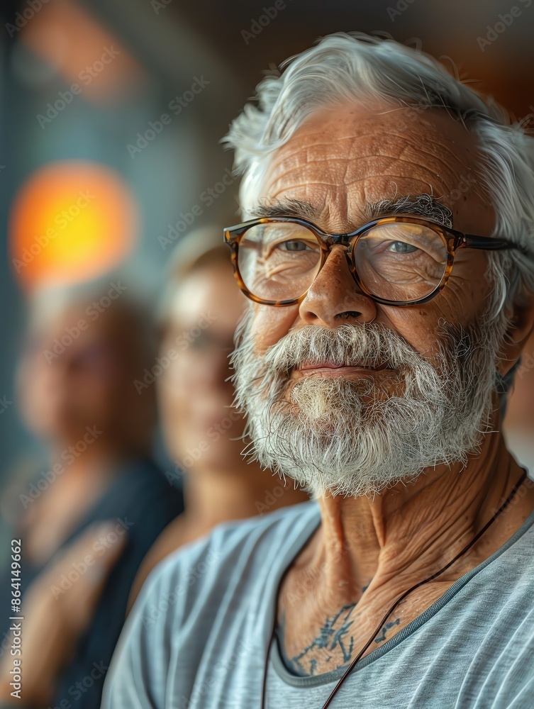 Elderly man with a beard and glasses smiling, depth of field focusing on his face, representing wisdom and contentment. Elderly man with a beard and glasses smiling, depth of field focusing on his face, representing wisdom and contentment.