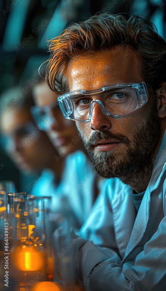Focused scientist with safety glasses working in a dimly lit laboratory, surrounded by test tubes and colleagues in the background. Focused scientist with safety glasses working in a dimly lit laboratory, surrounded by test tubes and colleagues in the background.