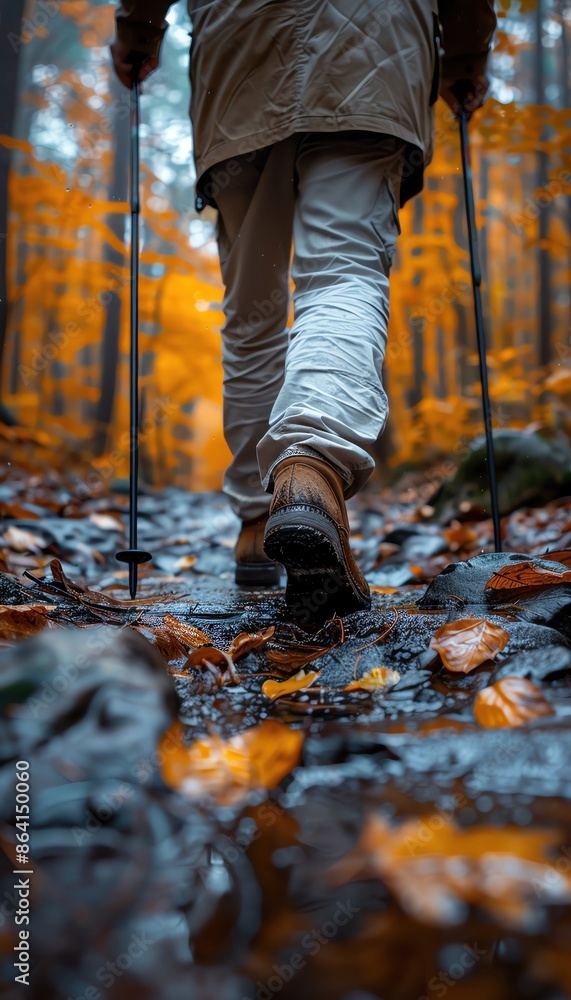 Traveler hiking through an autumn forest with walking poles, surrounded by colorful fall foliage and covered pathway. Traveler hiking through an autumn forest with walking poles, surrounded by colorful fall foliage and covered pathway.