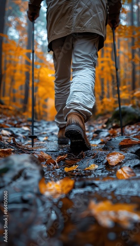 Traveler hiking through an autumn forest with walking poles, surrounded by colorful fall foliage and covered pathway.