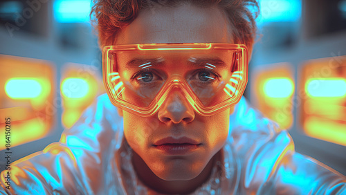 Young Man Wearing Futuristic Orange Protective Glasses in High-Tech Environment
