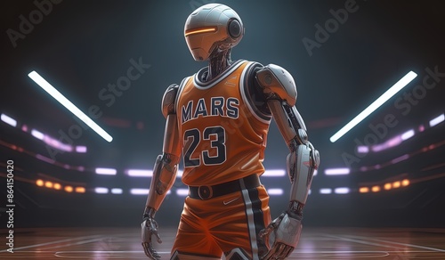 basketball robot player. robot wearing a jersey playing basketball. robot model basketball athlete. robot with jeryes basketball photo