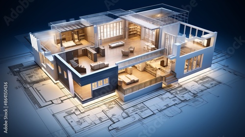 Fototapeta Naklejka Na Ścianę i Meble -  vision of architecture of a 3d model house project with blueprint