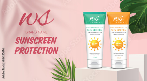 The vector of Sunscreen Protection: Summer Sun Lotion and Cream Bottles  ads poster