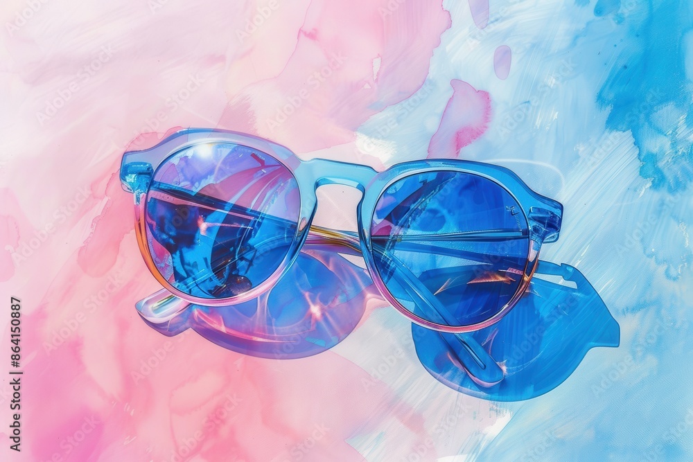 Stylish blue sunglasses lying on a vibrant pink and blue background, perfect for summer fashion or eyewear themes. Stylish blue sunglasses lying on a vibrant pink and blue background, perfect for summer fashion or eyewear themes.