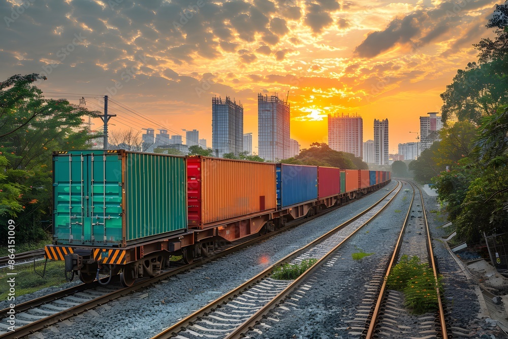 Freight Train Passing Through Urban Landscape at Sunset Freight Train Passing Through Urban Landscape at Sunset