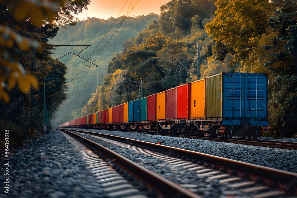 Fototapeta premium Vibrant Cargo Train Passing Through Lush Forest at Sunset