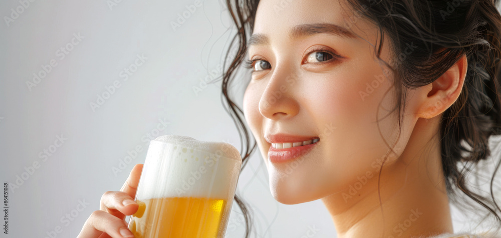 A happy Asian woman with glowing skin, enjoying a beer and highlighting its beauty benefits A happy Asian woman with glowing skin, enjoying a beer and highlighting its beauty benefits