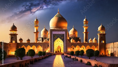 palace from old Arabian age  with cosmic dust galaxy in sky