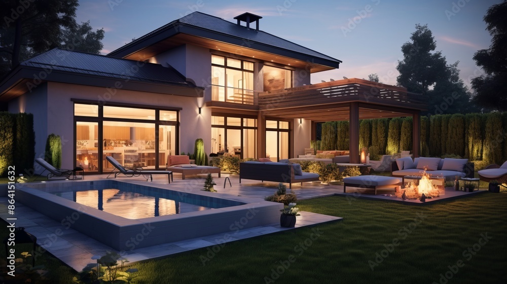 Fototapeta premium modern residential building with fire place and swimming pool in garden in the evening
