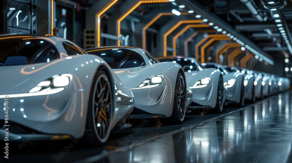 A fleet of solar-powered electric vehicles lined up in a futuristic garage, showcasing clean and sustainable transportation solutions. A fleet of solar-powered electric vehicles lined up in a futuristic garage, showcasing clean and sustainable transportation solutions.