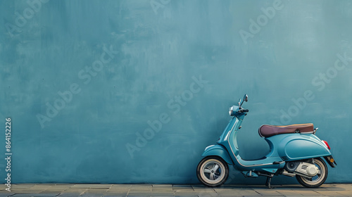 blue vintage scooter against blue wall,
