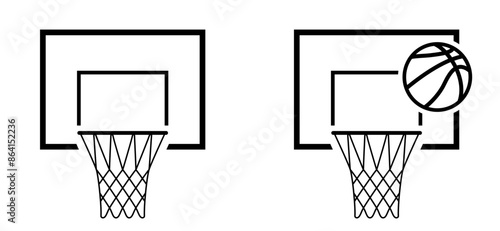 Cartoon basketball hoop or basketball net and board. Game sports concept. Ball sport is a team sport. Flat vector icon. Basket Balls sign leather pattern For court games.