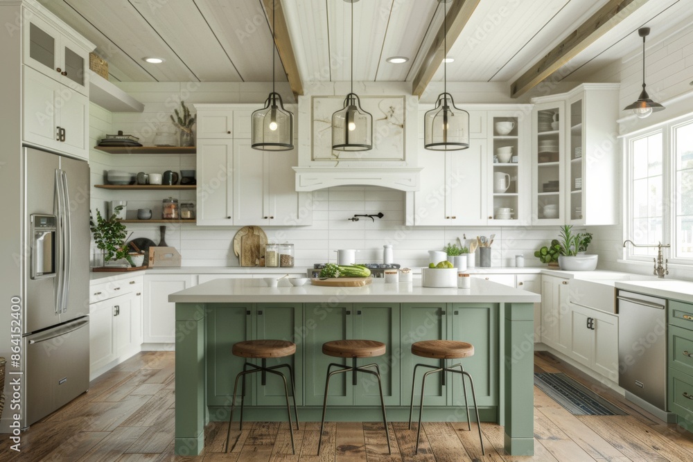 Explore the functionality and style of a modern cottage kitchen with an island and stools, accented by farmhouse green and white cabinets. Explore the functionality and style of a modern cottage kitchen with an island and stools, accented by farmhouse green and white cabinets.