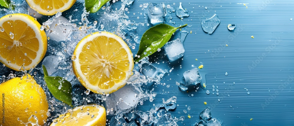 Fresh lemons, ice cubes, and green leaves on blue background create a refreshing and vibrant summer scene, perfect for a food or drink concept. Fresh lemons, ice cubes, and green leaves on blue background create a refreshing and vibrant summer scene, perfect for a food or drink concept.