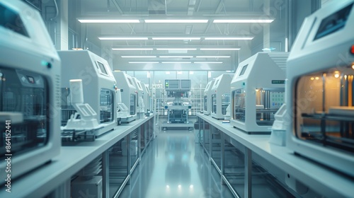 A high-tech 3D printing factory scene with advanced machinery and minimalistic surroundings, emphasizing cutting-edge manufacturing technology. Perfect for industry and innovation themes.