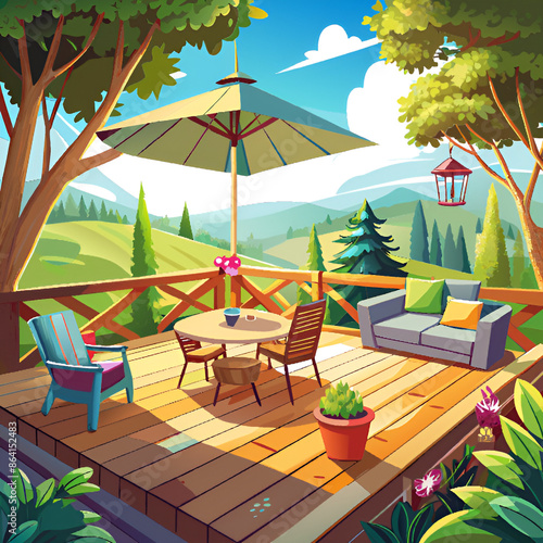 isometric vector illustration of a wooden table in a modern style of a modern house with trees. © ERIK
