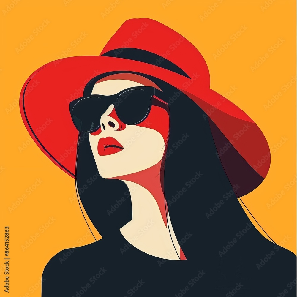 Stylish woman with red hat, sunglasses. Cartoon avatar character for social networks. Beautiful brunette girl with red lips. Female head. Flat design. Yellow background. Stylish woman with red hat, sunglasses. Cartoon avatar character for social networks. Beautiful brunette girl with red lips. Female head. Flat design. Yellow background.