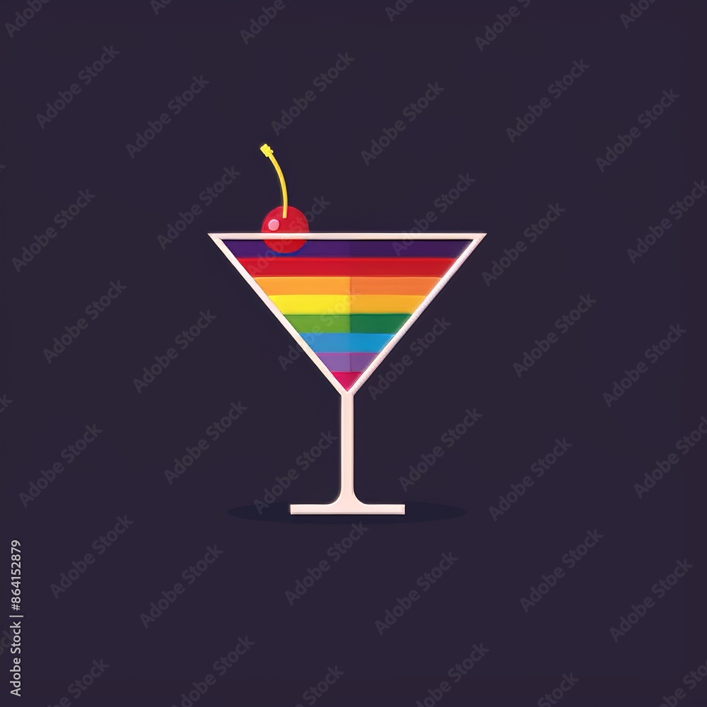 Obraz premium Cocktail glass with rainbow accents. Cherry with leaf. LGBT symbol on menu template. Flat design on dark background. Isolated.