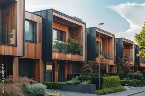 Explore the harmony of nature and design as you admire a row of modern townhouses with wooden cladding, blending seamlessly into their surroundings. © Piyaphorn