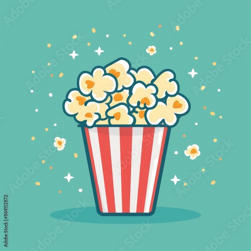 Decorative popcorn icon. Red white red strip box. Pop corn food. Movie night. Cinema themed banner decoration template. Isolated. Green background.