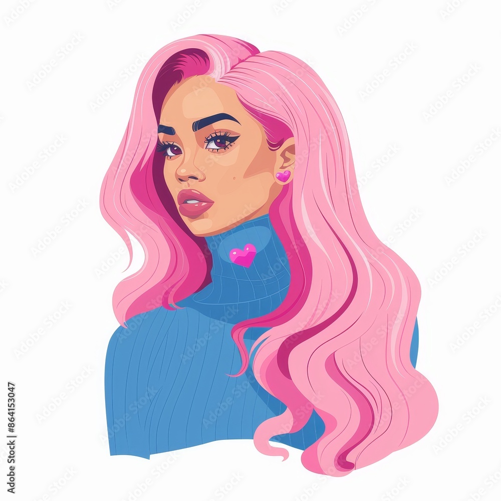 Female portrait. Young girl face. Long pink curls on her hair. Elegant lady on a white background. Avatar for social networks. Pink lipstick makeup. Flat design. Female portrait. Young girl face. Long pink curls on her hair. Elegant lady on a white background. Avatar for social networks. Pink lipstick makeup. Flat design.