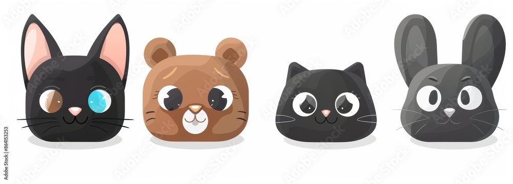Black cat kitten, white bunny rabbit, and brown bear face looking up. Forest animals set. Cute cartoon kawaii baby character. White background flat design. Black cat kitten, white bunny rabbit, and brown bear face looking up. Forest animals set. Cute cartoon kawaii baby character. White background flat design.