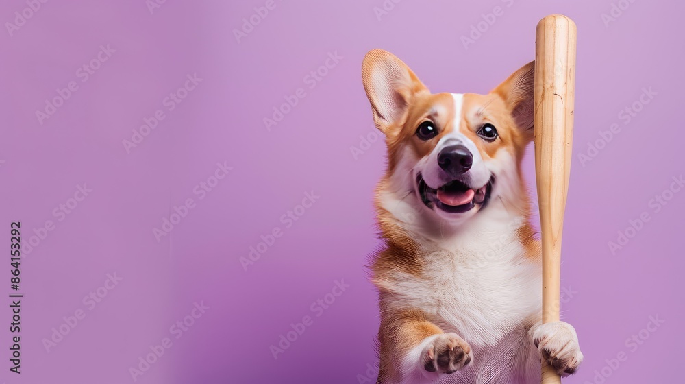 A smiling Pembroke Welsh Corgi dog holding a baseball bat in it's paws on a purple background. A smiling Pembroke Welsh Corgi dog holding a baseball bat in it's paws on a purple background.