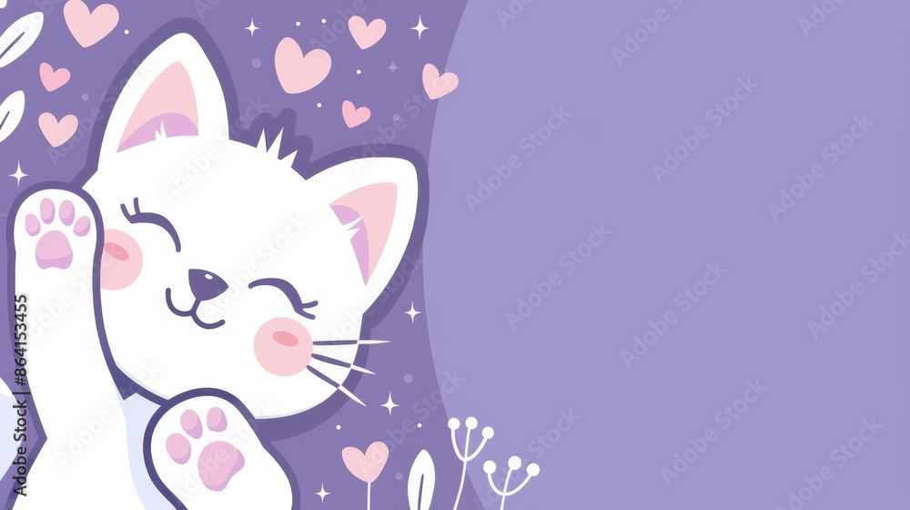 In the corner, there is a cute white cat waving its hand. The face on the cat is funny. Cat with paw print. Valentines day. Sticker. Flat design. Violet background.