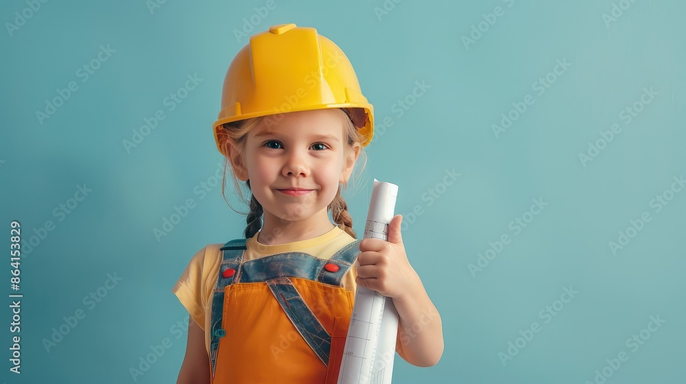 Little girl in construction uniform and safety helmet holding blueprint Little girl in construction uniform and safety helmet holding blueprint