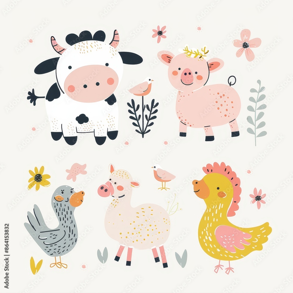 A set of agricultural animals. A cow, sheep, pig, hen, chicken, and egg icon. Cute round face head. Cartoon kawaii funny baby character. Nursery decoration. Kids education. Flat design. White A set of agricultural animals. A cow, sheep, pig, hen, chicken, and egg icon. Cute round face head. Cartoon kawaii funny baby character. Nursery decoration. Kids education. Flat design. White