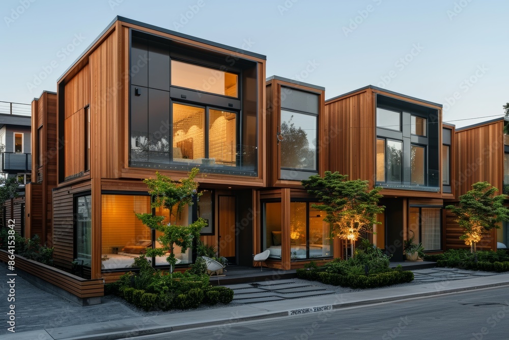 Immerse yourself in the beauty of contemporary living with a series of sleek modular townhouses adorned with wooden cladding, offering a glimpse into the future of urban architecture. Immerse yourself in the beauty of contemporary living with a series of sleek modular townhouses adorned with wooden cladding, offering a glimpse into the future of urban architecture.