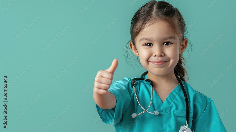 Little girl in doctor's uniform with stethoscope around her neck showing thumb up Little girl in doctor's uniform with stethoscope around her neck showing thumb up