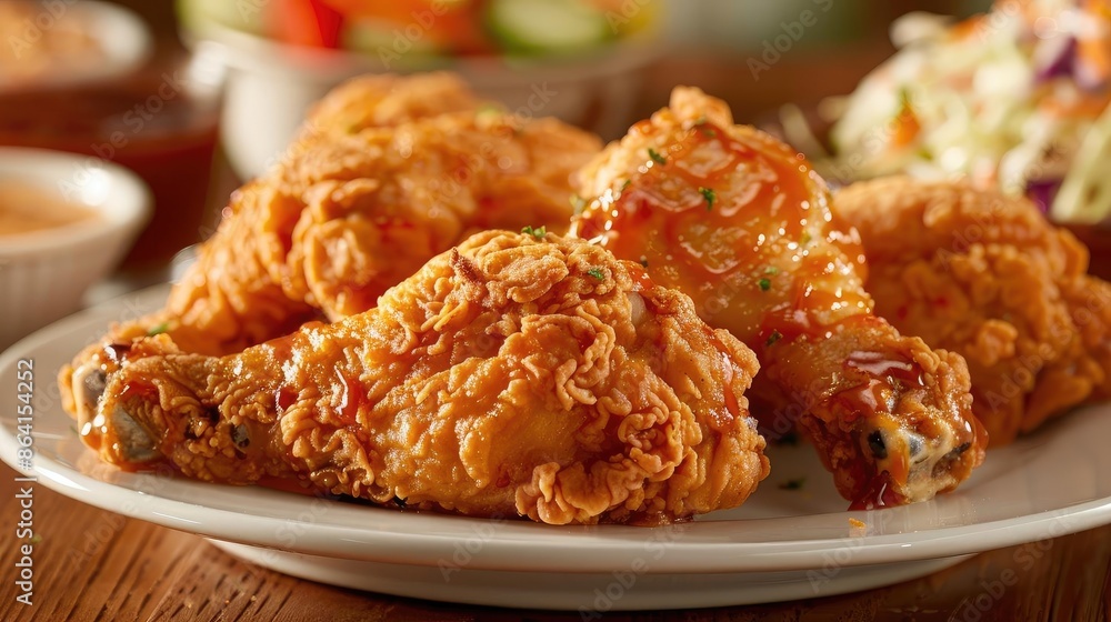 Close-up of crispy fried chicken served on a white plate, accompanied by fresh coleslaw and dipping sauce, mouth-watering comfort food. Close-up of crispy fried chicken served on a white plate, accompanied by fresh coleslaw and dipping sauce, mouth-watering comfort food.