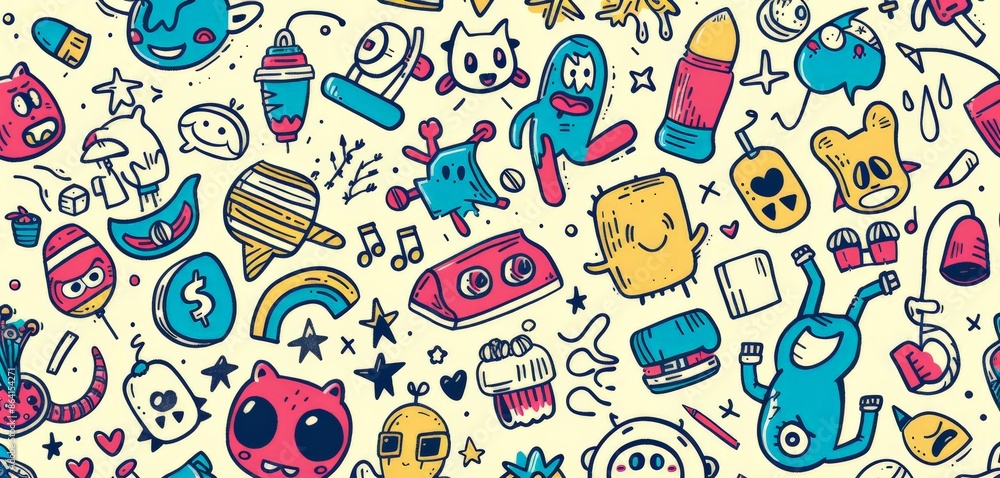 Naklejka premium Hand-drawn doodle pattern with quirky elements and characters