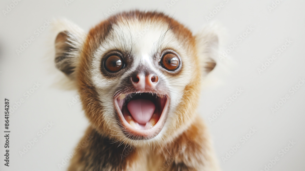 adorable slow loris animal with big eyes, mouth open, happy expression, pure white background adorable slow loris animal with big eyes, mouth open, happy expression, pure white background
