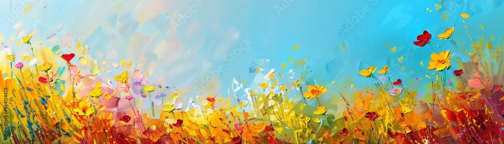 Wildflowers, yellows and reds at meadow with blue sky, abstract colorful oil painting landscape background. Spring, summer season nature background. Wildflowers, yellows and reds at meadow with blue sky, abstract colorful oil painting landscape background. Spring, summer season nature background.
